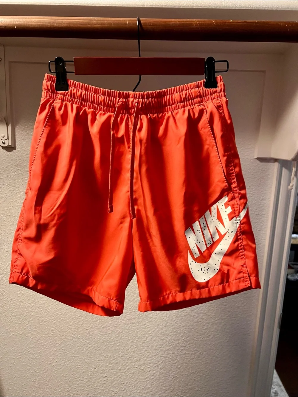 Nike Coral Orange Athletic Swim Shorts with White Swoosh. Size Small